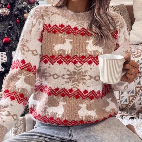 Snowflake Fawn Pattern Crewneck Sweater Long Sleeve Knit Pullover, Size: M - Picture 1 of 8